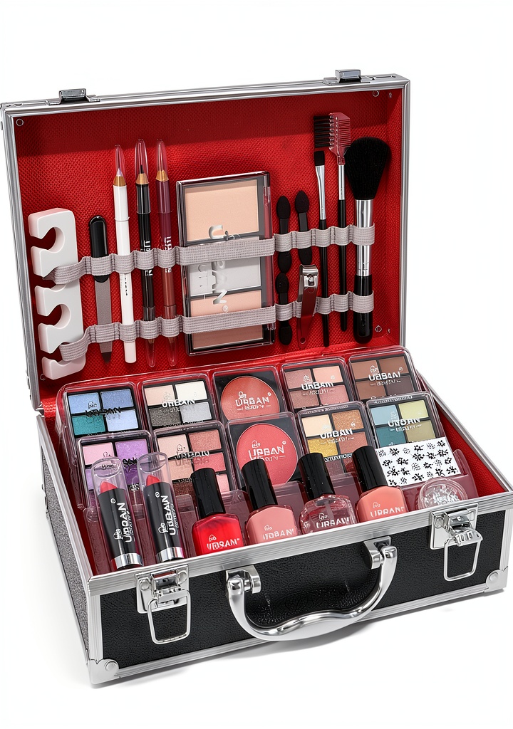 Coffret maquillage Love Urban Beauty ouvert montrant les produits