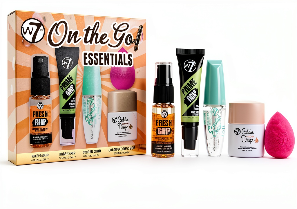 Coffret W7 On the Go Essentials ouvert montrant les mini produits de maquillage