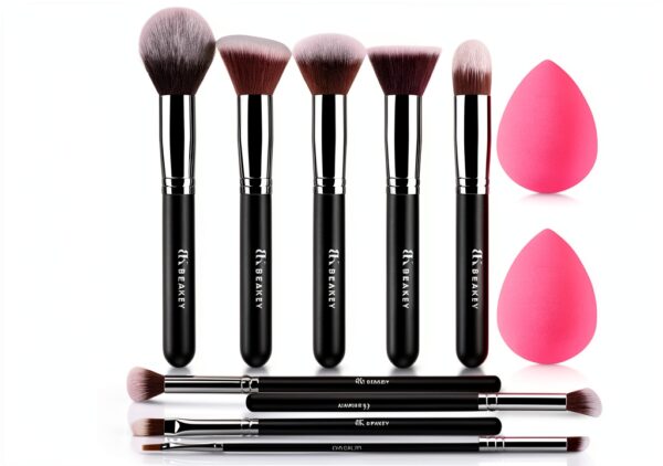 Pinceaux Maquillage BEAKEY Professionnel Set 10+2 Noir
